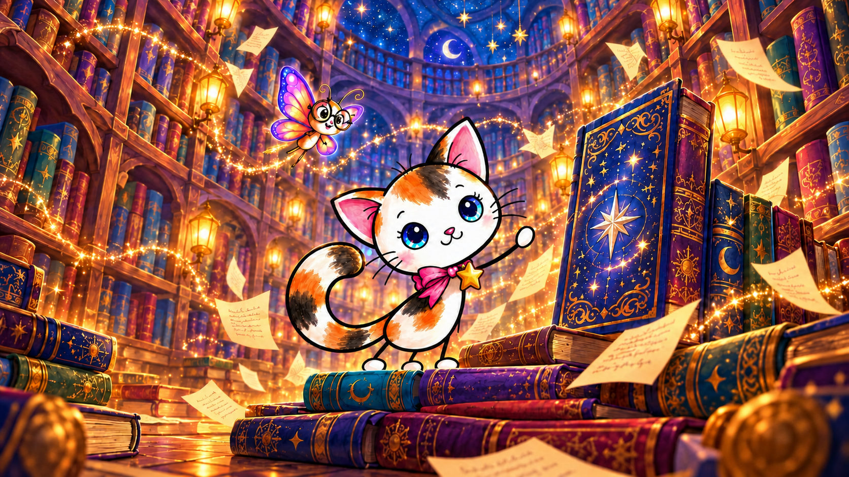 Spice, a calico kitten with a pink bow and gold bell, stands among enchanted bookshelves beneath a starry sky.