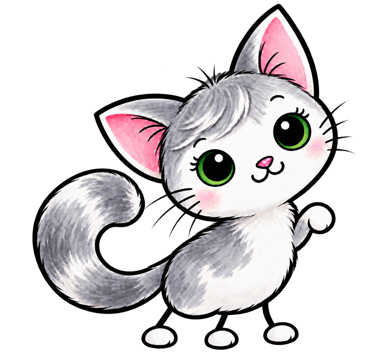 Misty, a silver-grey and white kitten with left-swept bangs and green eyes